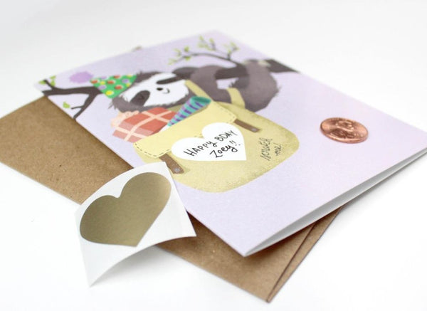 Birthday sloth with presents scratch-off card