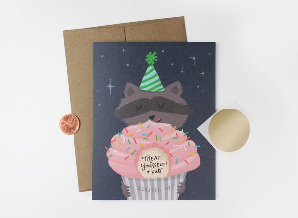 Birthday raccoon with cupcake scratch-off card