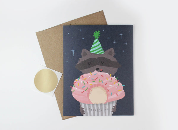 Birthday raccoon with cupcake scratch-off card