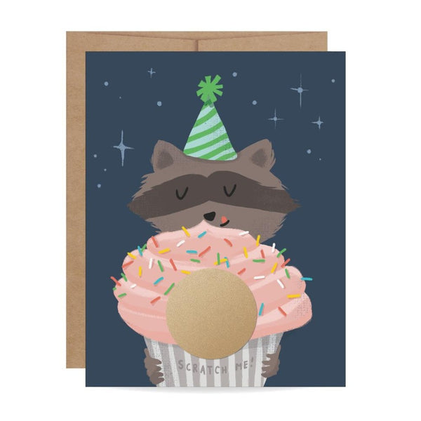 Birthday raccoon with cupcake scratch-off card