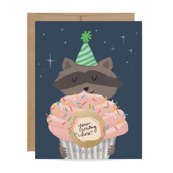 Birthday raccoon with cupcake scratch-off card