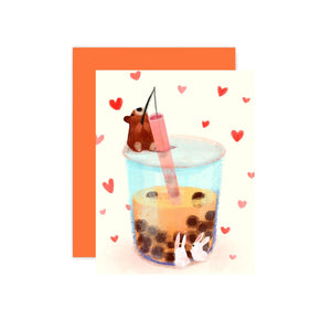 Boba bubble tea card with bear, bunnies and hearts